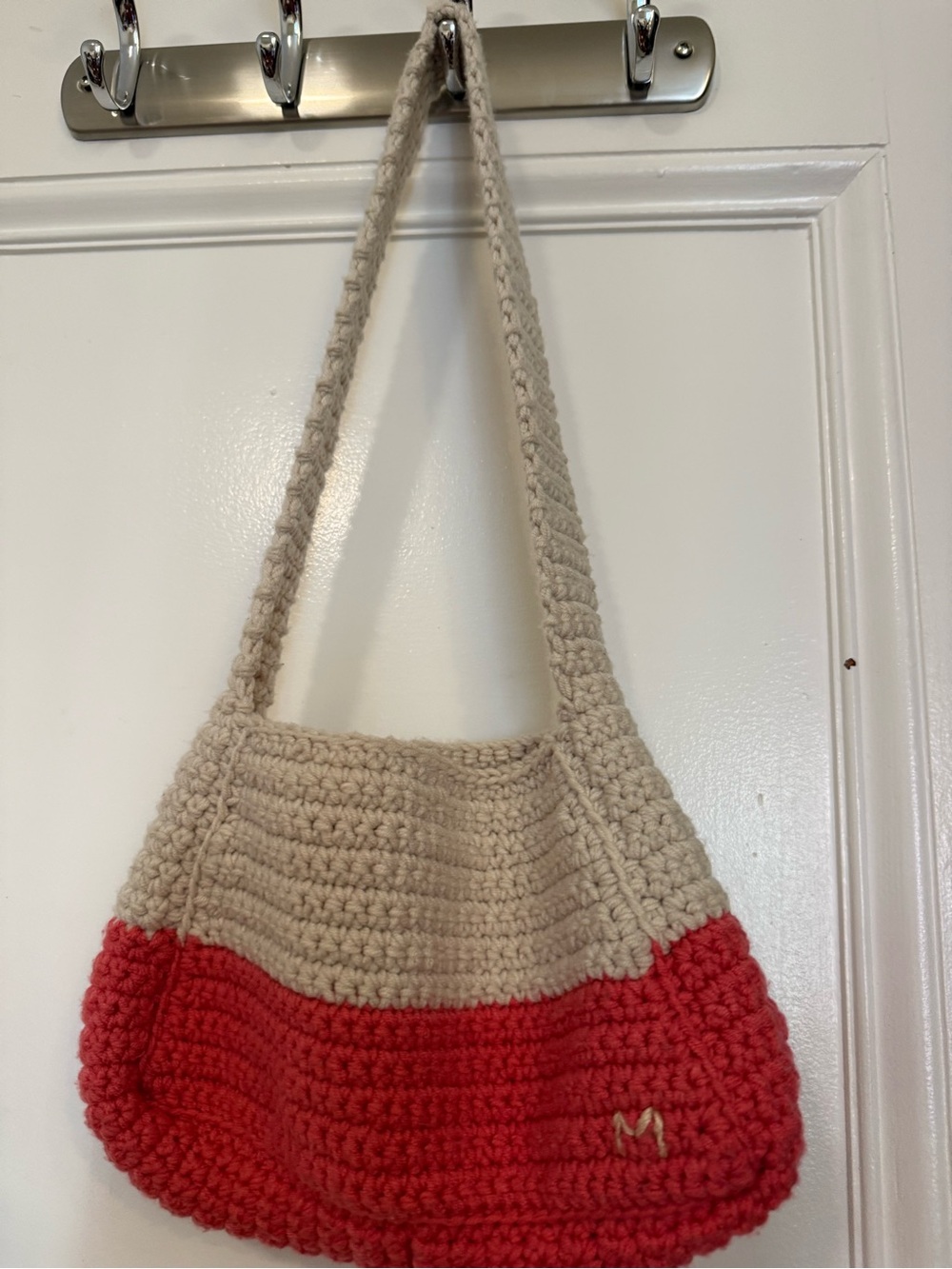 Beige and Red Crocheted Shoulder Bag